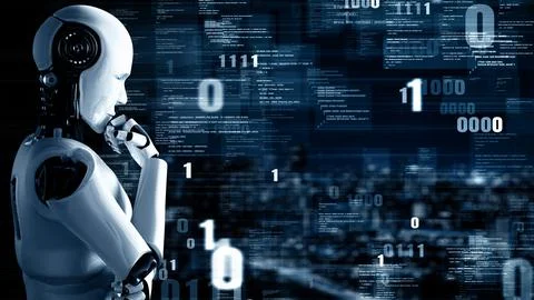 XAI Futuristic robot artificial intelligence huminoid AI programming coding Stock Illustration