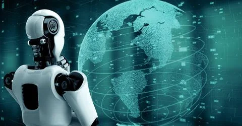 XAI Futuristic robot artificial intelligence huminoid AI data analytic Stock Illustration