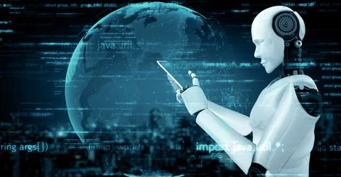 XAI Futuristic robot artificial intelligence huminoid AI programming coding Stock Illustration
