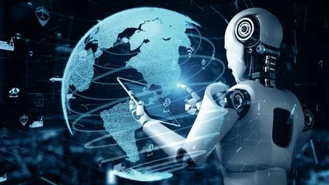 XAI Futuristic robot artificial intelligence huminoid AI transportation analytic Illustrazione stock