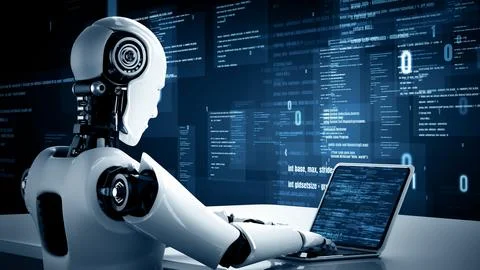 XAI Futuristic robot artificial intelligence huminoid AI programming coding Illustrazione stock