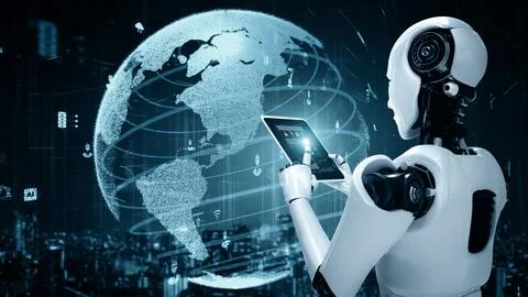 XAI Futuristic robot artificial intelligence huminoid AI for industrial factory Stock Illustration