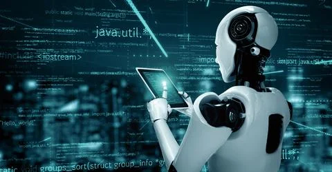 XAI Futuristic robot artificial intelligence huminoid AI programming coding 스톡 일러스트