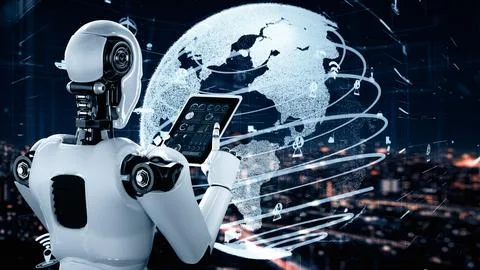 XAI Futuristic robot artificial intelligence huminoid AI transportation analytic Stockillustratie