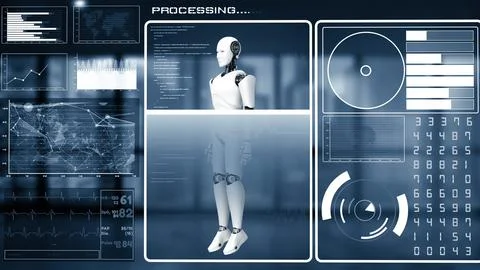 XAI Futuristic robot, artificial intelligence CGI big data analytics and Illustrazione stock
