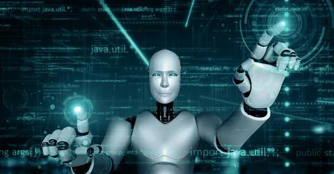 XAI Futuristic robot artificial intelligence huminoid AI programming coding Stock Illustration