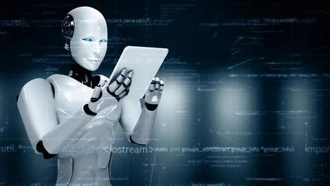 XAI Futuristic robot artificial intelligence huminoid AI programming coding Stock Illustration