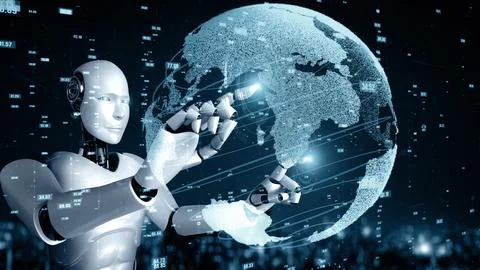 XAI Futuristic robot artificial intelligence huminoid AI data analytic Stock Illustration