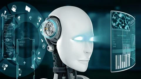 XAI Futuristic robot, artificial intelligence CGI big data analytics and 库存插图