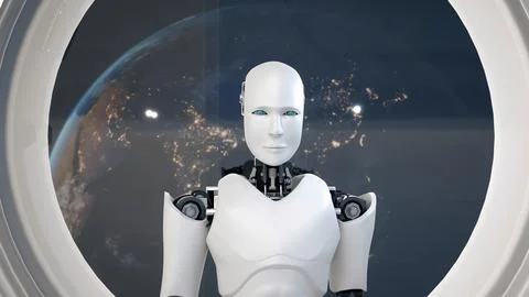XAI Futuristic robot, artificial intelligence CGI inside spaceship in space 库存插图
