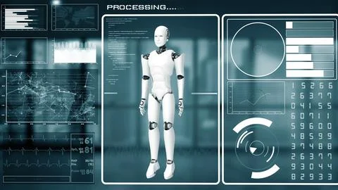 XAI Futuristic robot, artificial intelligence CGI big data analytics and Stock Illustration