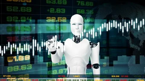 XAI Futuristic robot, artificial intelligence CGI for stock exchange market Stock Illustration