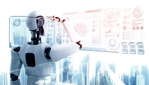 XAI Humanoid AI robot looking at hologram screen showing concept of big data Stock Illustration