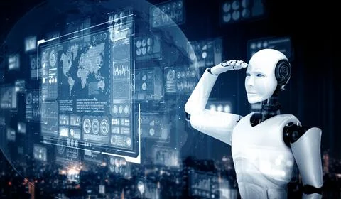 XAI Humanoid AI robot looking at hologram screen showing concept of big data Stock Illustration