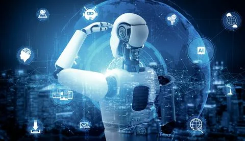 XAI Humanoid AI robot looking at hologram screen showing concept of Stockillustratie