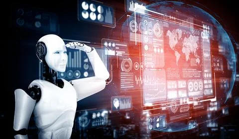 XAI Humanoid AI robot looking at hologram screen showing concept of big data 스톡 일러스트