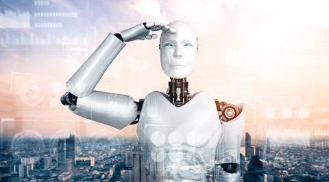 XAI Humanoid AI robot looking at hologram screen showing concept of big data Stockillustratie