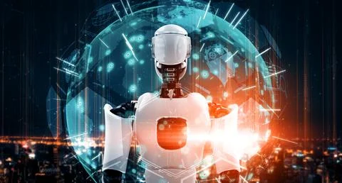XAI Humanoid AI robot looking at hologram screen showing concept of 스톡 일러스트