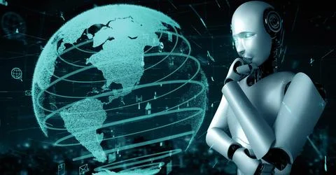 XAI Internet connection controlled by AI robot huminoid and machine learning Stock Illustration