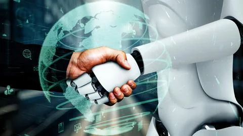 XAI Internet connection controlled by AI robot huminoid and machine learning Illustrazione stock