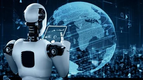 XAI Internet connection controlled by AI robot huminoid and machine learning Stock Illustration