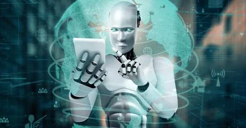 XAI Internet connection controlled by AI robot huminoid and machine learning Stock Illustration