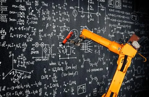 XAI Robot arm AI analyzing mathematics for mechanized industry problem solving Stock Photos