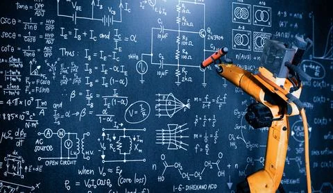 XAI Robot arm AI analyzing mathematics for mechanized industry problem solving Foto stock