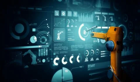 XAI Robot arm AI analyzing mathematics for mechanized industry problem solving Stock Photos