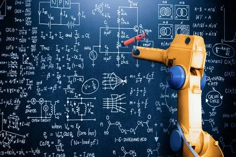 XAI Robot arm AI analyzing mathematics for mechanized industry problem solving Foto stock