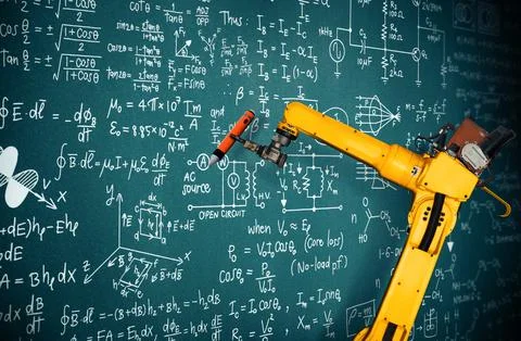 XAI Robot arm AI analyzing mathematics for mechanized industry problem solving Foto stock