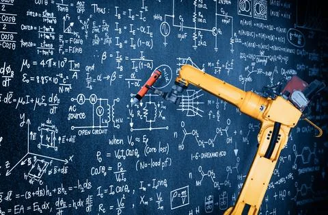 XAI Robot arm AI analyzing mathematics for mechanized industry problem solving Stock Photos