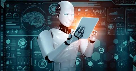 XAI Robot hominoid using tablet computer for big data analytic 库存插图