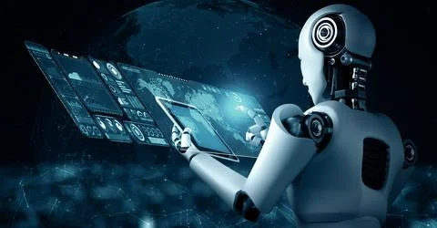 XAI Robot hominoid using tablet computer for big data analytic Stock Illustration