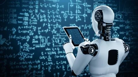 XAI Robot hominoid using tablet computer for engineering science studying イラスト素材