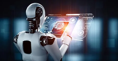 XAI Robot hominoid using tablet computer in concept of AI thinking brain Stockillustratie
