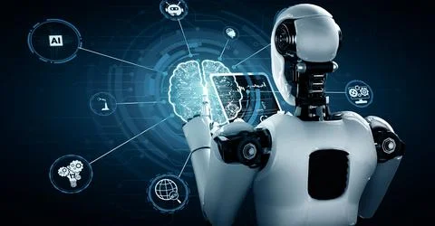 XAI Robot hominoid using tablet computer in concept of AI thinking brain 스톡 일러스트