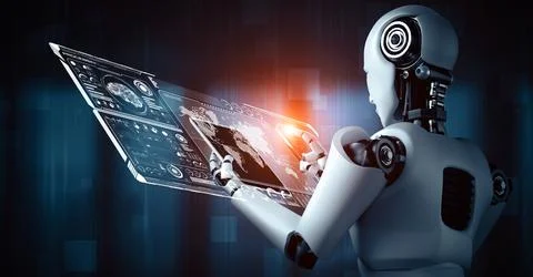 XAI Robot hominoid using tablet computer for big data analytic Illustrazione stock