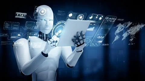 XAI Robot hominoid using tablet computer for big data analytic Stock Illustration