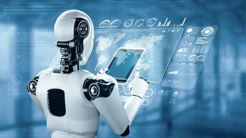 XAI Robot hominoid using tablet computer for big data analytic Illustrazione stock