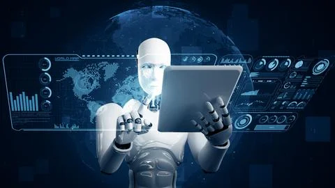 XAI Robot hominoid using tablet computer for global network connection 스톡 일러스트