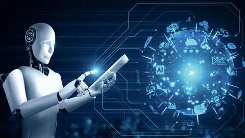 XAI Robot hominoid using tablet computer for global network connection Illustrazione stock