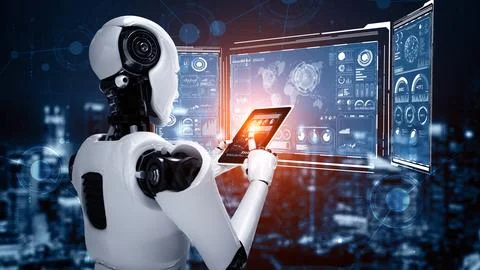 XAI Robot hominoid using tablet computer for big data analytic Illustrazione stock