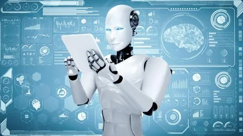 XAI Robot hominoid using tablet computer for big data analytic Illustrazione stock