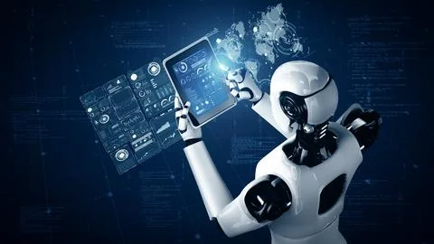 XAI Robot hominoid using tablet computer for big data analytic 库存插图