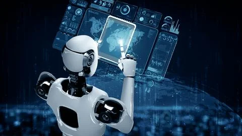 XAI Robot hominoid using tablet computer for global network connection Stock Illustration