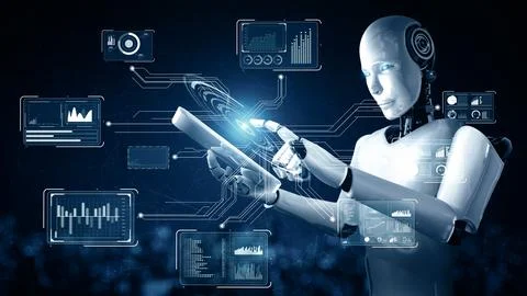XAI Robot hominoid using tablet computer for big data analytic Illustrazione stock