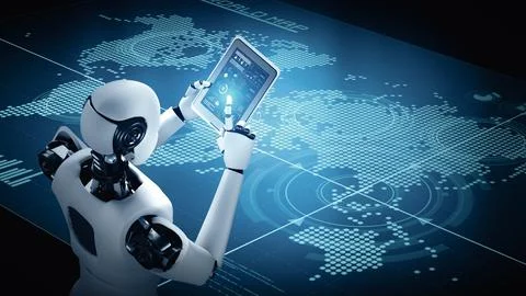 XAI Robot hominoid using tablet computer for big data analytic Stock Illustration
