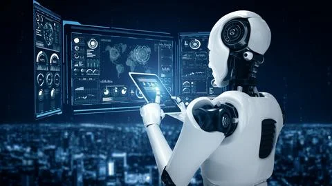 XAI Robot hominoid using tablet computer for big data analytic Stock Illustration