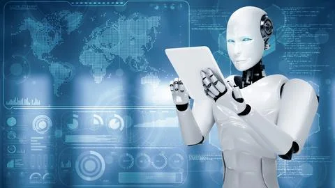 XAI Robot hominoid using tablet computer for big data analytic Illustrazione stock